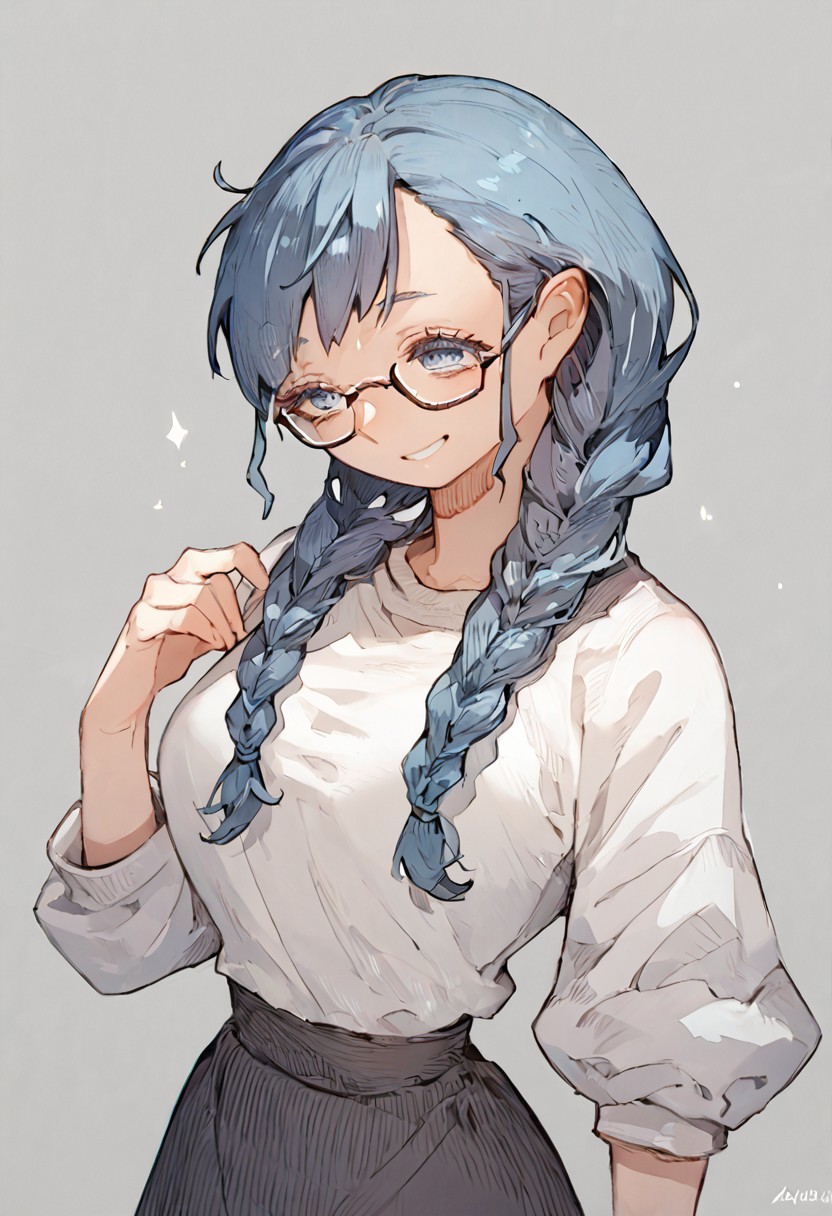 score_9, score_8, score_7, 1girl, solo, long hair, blue eyes, blue hair, twin braids, white shirt, black skirt, smile, glasses,