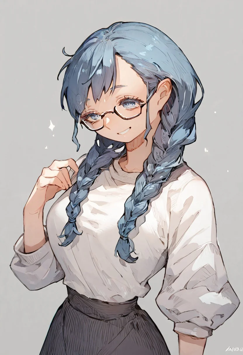 score_9, score_8, score_7, 1girl, solo, long hair, blue eyes, blue hair, twin braids, white shirt, black skirt, smile, glasses,