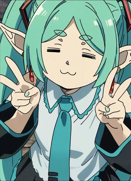 1girl, frieren, hatsune miku \(cosplay\), anime screenshot, v, green hair,  masterpiece, best quality, newest, very awa, 4 fingers, =_=, :3