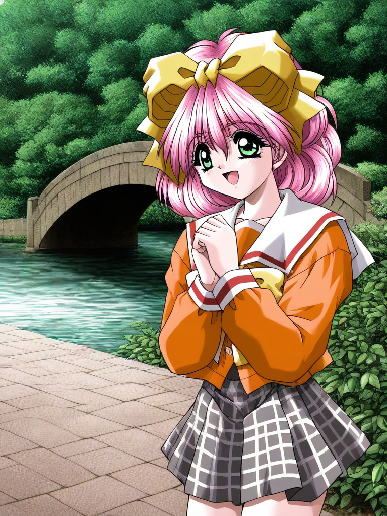 general,highres, ultra-detailed,very aesthetic,best quality ,best hands, BREAK <lora:Kanzaki_Suzu_Akumu_AoiKajitsunoSange_IS:1>
Kanzaki_Suzu, 1girl, solo, pink hair, medium hair, yellow bow, green eyes, hair bow, short,
orange school uniform, gray plaid skirt, white and black skirt, 
smile, open mouth,
scenery, outdoors, plant, natural, bridge,
