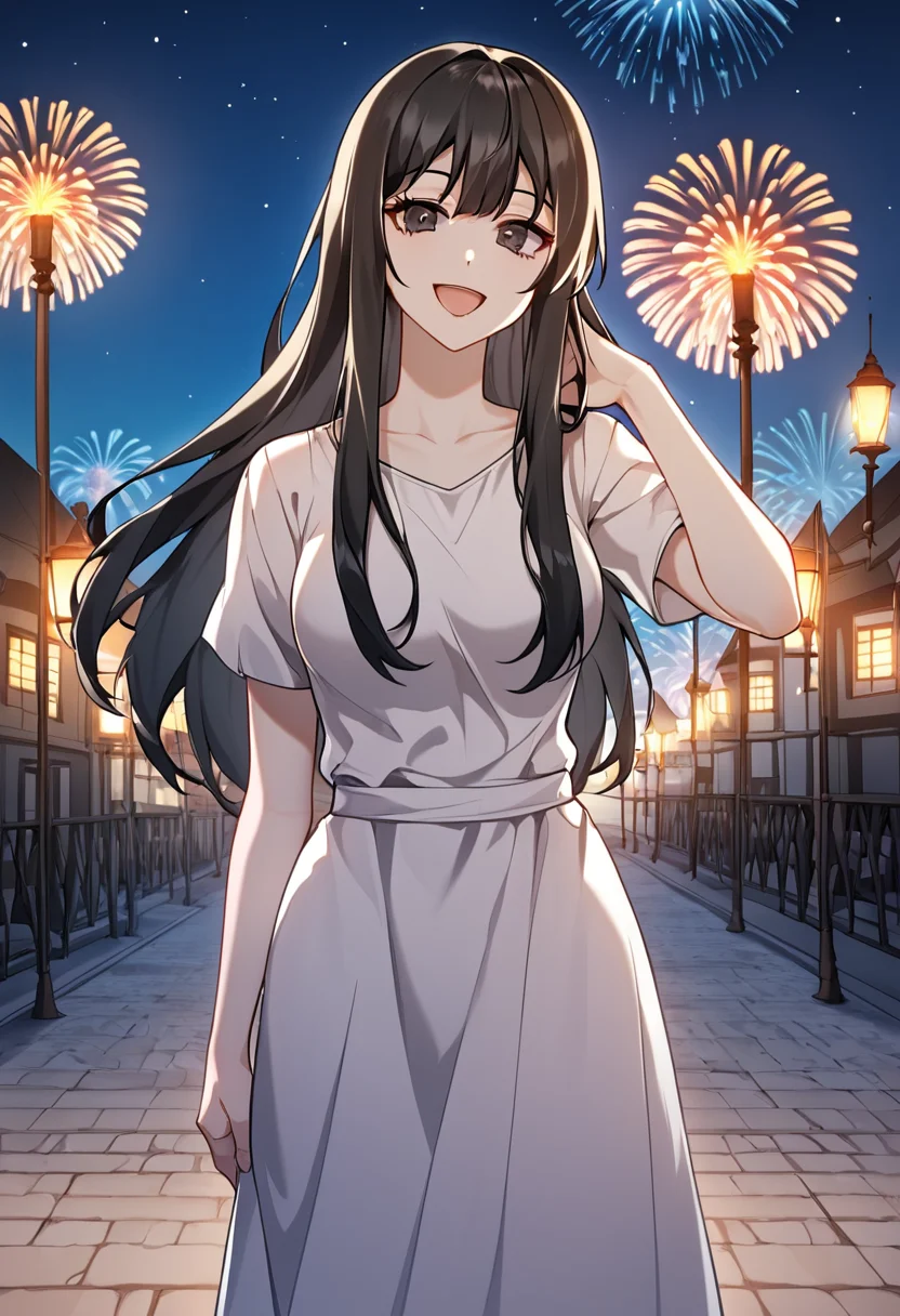 Ellen_Artorius, black hair, black eyes, long hair, medium breasts, webtoon, manhwa, white dress, long dress, elegant dress BREAK outdoors, medieval city square, night, starry night, fireworks BREAK cowboy shot, looking at viewer, standing,open mouth, happy face , dynamic pose BREAK score_9, score_8_up, score_7_up, source_anime ,zPDXL, perfect hand , manhwa, webtoon,<lora:Ellen_Artorius:0.8>