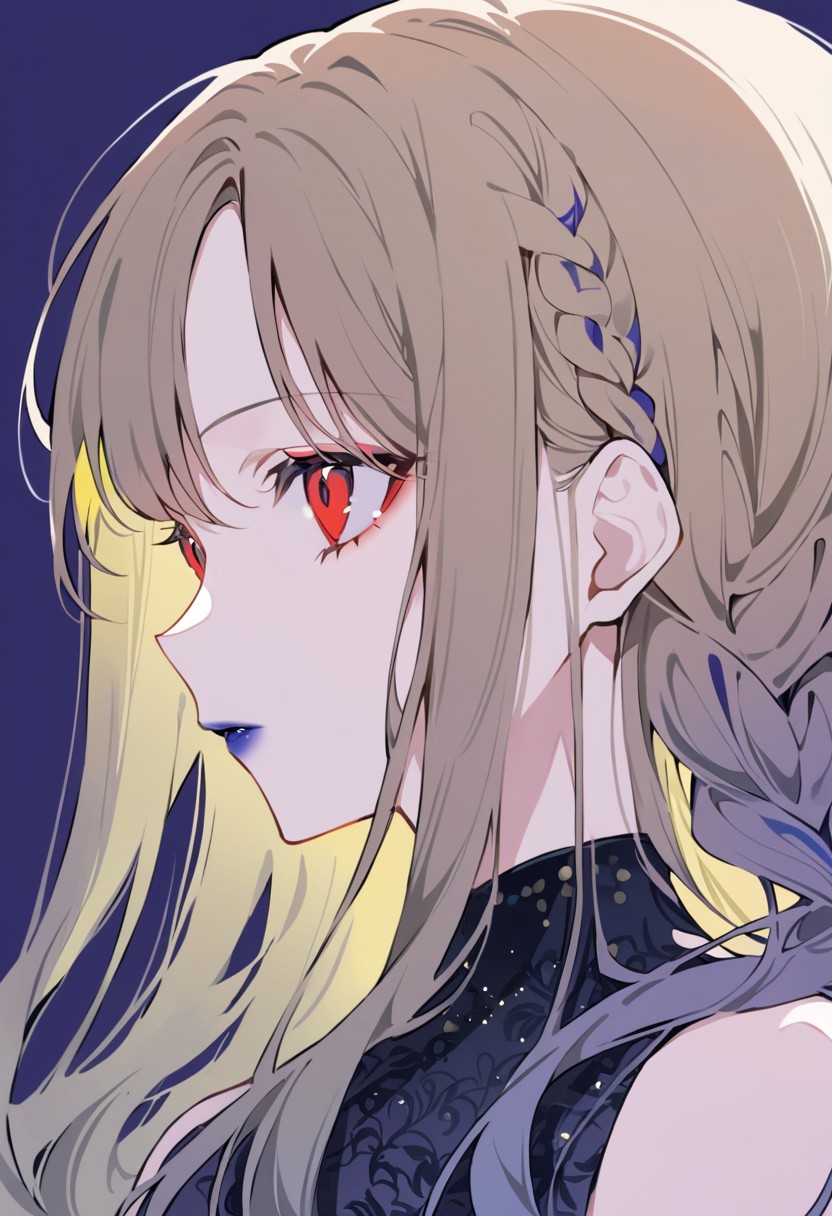 anime, 1girl, lipstick, red lipstick, orange lipstick, yellow lipstick, green lipstick, blue lipstick, purple lipstick, pink lipstick, black lipstick, ball gown, looking to side, simple background, dark, expressionless, long hair, hair highlights, braids, fancy hair, close up