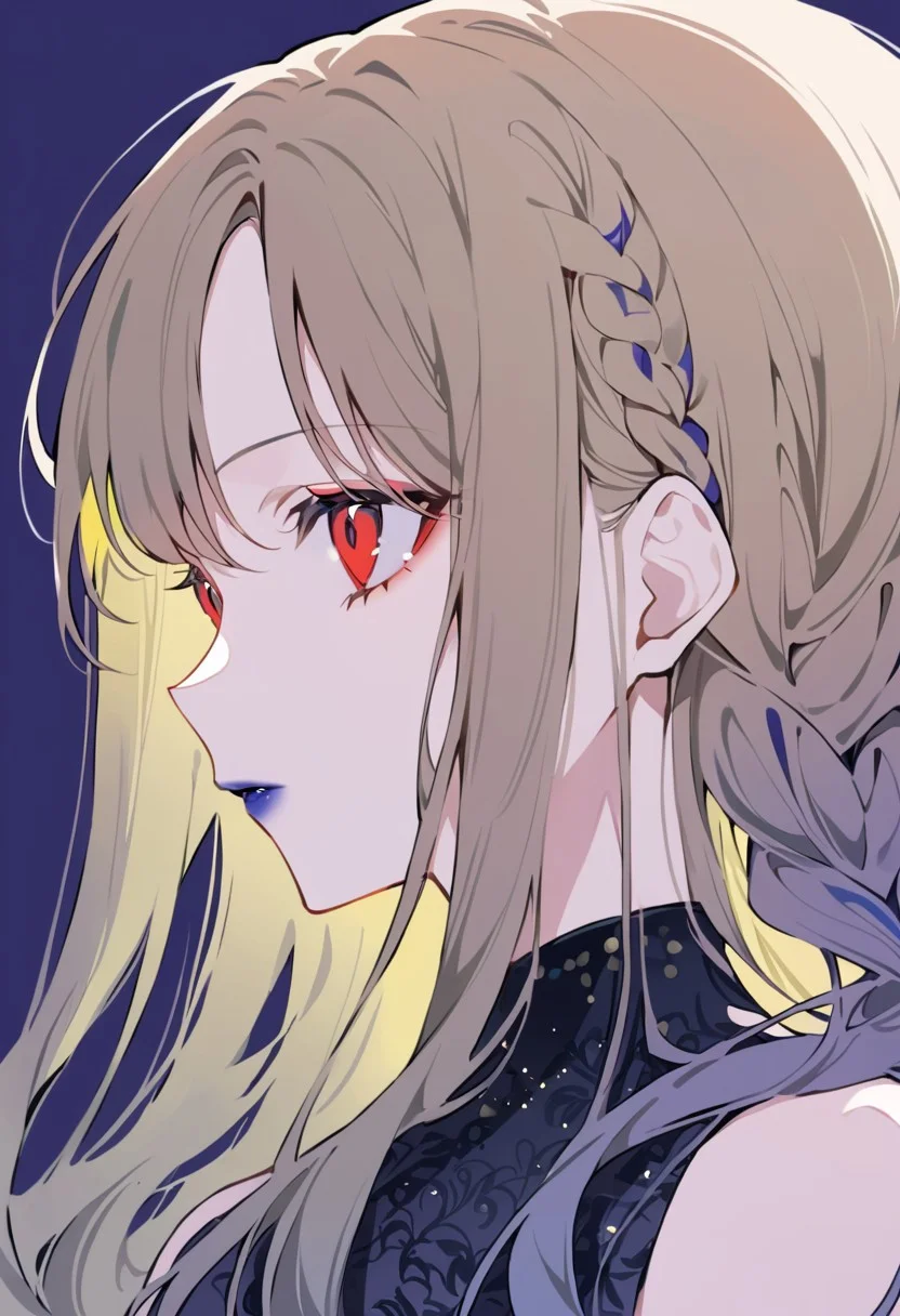 anime, 1girl, lipstick, red lipstick, orange lipstick, yellow lipstick, green lipstick, blue lipstick, purple lipstick, pink lipstick, black lipstick, ball gown, looking to side, simple background, dark, expressionless, long hair, hair highlights, braids, fancy hair, close up