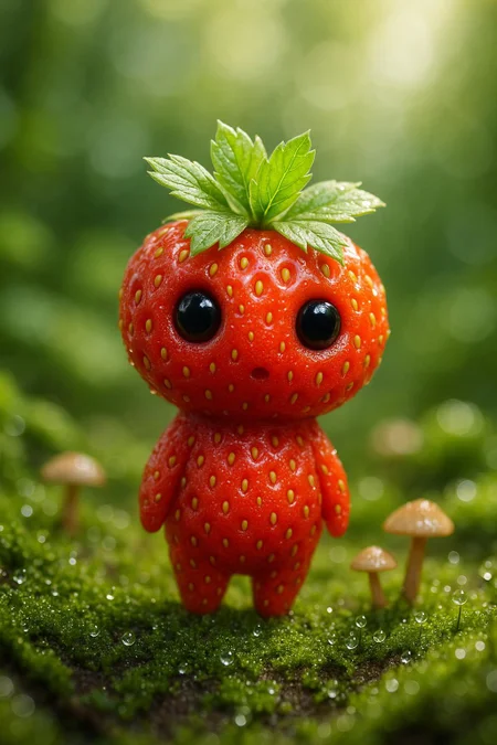 A breathtaking, ultra high-resolution (8K) macro photograph of a small Kodama forest spirit inspired by Studio Ghibli, standing on a mossy forest floor. This Kodama has the whimsical body shape of a classic Kodama, but its skin resembles the surface of a ripe strawberry—vivid red with tiny yellow seeds and a glossy texture. On top of its head, a small cluster of fresh green leaves forms a leafy crown, reminiscent of a strawberry stem. The Kodama’s large, expressive, dark eyes gaze curiously at the viewer, radiating innocence and wonder. Dewdrops glisten on the vibrant green moss and miniature mushrooms surround the Kodama, enhancing the sense of magical realism. Soft, ethereal rays of sunlight filter through lush, out-of-focus foliage in the background, creating a dreamy, enchanting atmosphere. The photo is hyper-detailed, with shallow depth of field and beautiful bokeh, capturing every tiny detail of the Kodama’s strawberry-textured skin, the moss, and the natural environment. The mood is whimsical, mysterious, and enchanting, evoking the spirit of classic Ghibli animation.