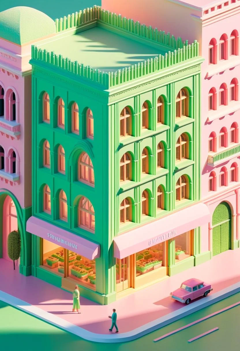 ispzxll, no humans, dioramaplant, isometric, miniature, futuristic soviet-inspired venice building street scene, seaform-green and pale-pink pastel colors, golden hour, long shadows, volumetric lighting style, pedestrians and cars, storefronts, epic architecture, ultra-detailed, 8k