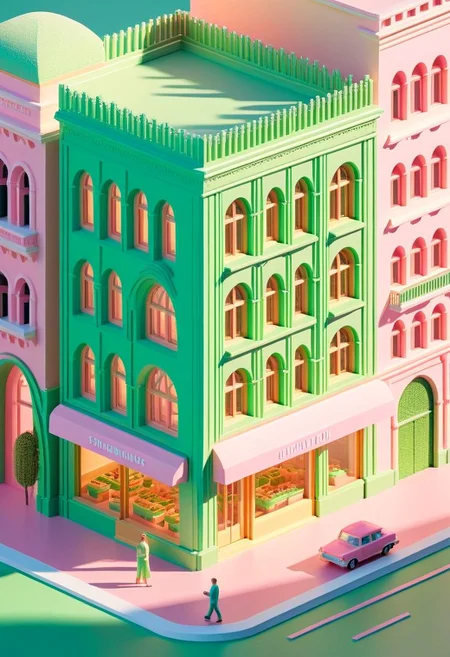 ispzxll, no humans, dioramaplant, isometric, miniature, futuristic soviet-inspired venice building street scene, seaform-green and pale-pink pastel colors, golden hour, long shadows, volumetric lighting style, pedestrians and cars, storefronts, epic architecture, ultra-detailed, 8k