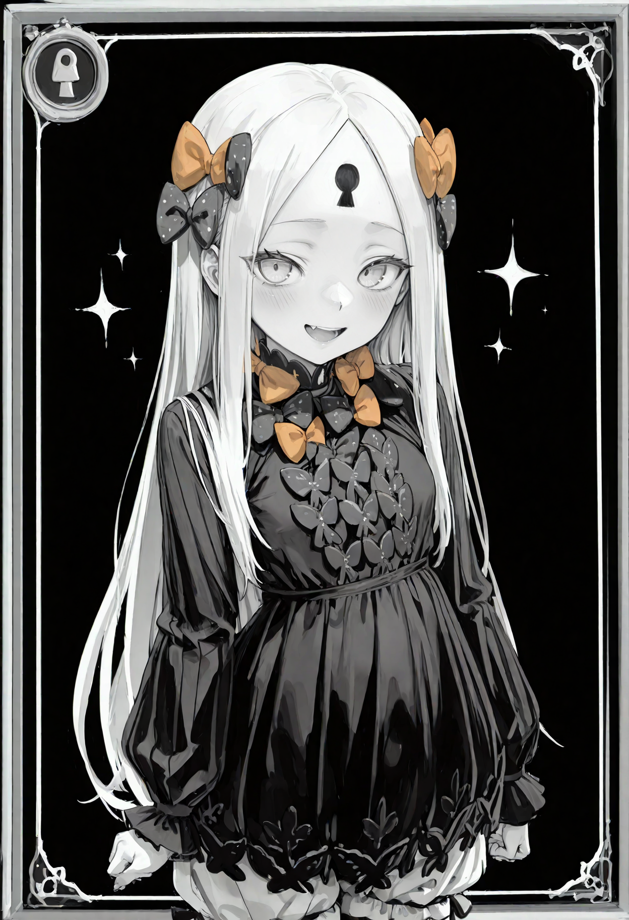 masterpiece, best quality, amazing quality, very aesthetic, absurdres, highres, newest, (card \(medium\), line art, monochrome, sketch drawing:1.3),  smewed, front view, cowboy shot, 1girl, adult, tall, blonde hair, long hair, perfect detailed blue eyes, perfect detailed eyelashes, perfect shiny skin, forehead, sidelocks, (keyhole on forehead, forehead mark), parted bangs, hair bow, polka dot bow, orange bow, black dress, long sleeves, bloomers, gentle smile, happy, looking at viewer, black background, <lora:smewedILLUS:0.6>, <lora:cfg_scale_boost:1> ,  <lora:Abby_Illus:1>