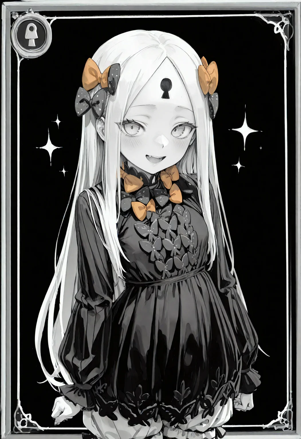 masterpiece, best quality, amazing quality, very aesthetic, absurdres, highres, newest, (card \(medium\), line art, monochrome, sketch drawing:1.3),  smewed, front view, cowboy shot, 1girl, adult, tall, blonde hair, long hair, perfect detailed blue eyes, perfect detailed eyelashes, perfect shiny skin, forehead, sidelocks, (keyhole on forehead, forehead mark), parted bangs, hair bow, polka dot bow, orange bow, black dress, long sleeves, bloomers, gentle smile, happy, looking at viewer, black background, <lora:smewedILLUS:0.6>, <lora:cfg_scale_boost:1> ,  <lora:Abby_Illus:1>