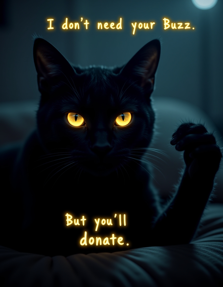 close-up of  black cat with glowing yellow eyes flexing it's paw , ambience, fog, dim light, silhouette , on top of image floating text "I don't need your Buzz" written with expressive yellow letters , at bottom of image floating text "But you'll donate anyway" written with expressive yellow letters, <lora:flux\aidmaGLOW-FLUX-V0.1.safetensors:0.7000000000000001:0.7000000000000001>