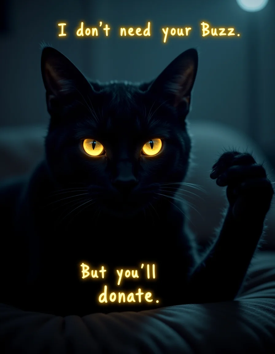 close-up of black cat with glowing yellow eyes flexing it's paw , ambience, fog, dim light, silhouette , on top of image floating text "I don't need your Buzz" written with expressive yellow letters , at bottom of image floating text "But you'll donate anyway" written with expressive yellow letters, <lora:flux\aidmaGLOW-FLUX-V0.1.safetensors:0.7000000000000001:0.7000000000000001>