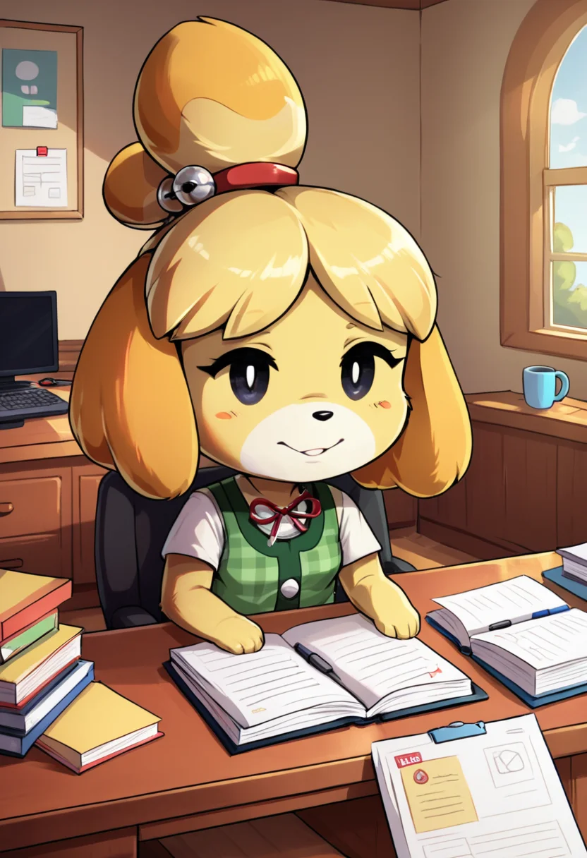 score_9, score_8_up, score_8, <lora:Shizue_for_PonyXl:0.8> 1girl, dog girl, shizubelle, animal ears, furry female, blonde hair, tail, black eyes, topknot, Isabelle, living room, desk, paperwork, window