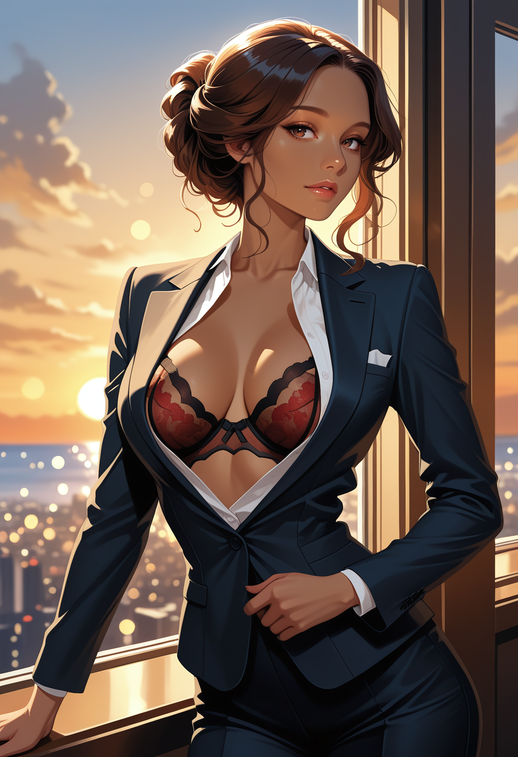 best quality,absurdres,highly detailed,realistic,illustration,
y4sm1nDF woman,from behind,looking back,
feminine business suit,
cleavage,red lace bra visible,partially_unbuttoned, hands on lapel,
updo,hair framing face,breasts apart,
sexy pose,
next to window,
sleek highrise building,
overlooking ocean and huge city below,
sunset,bokeh,
cinematic,