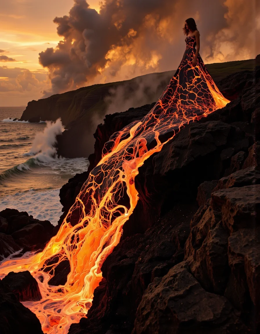 A high quality photograph shows a woman with long wavy hair, standing on a cliff at sunset and wearing a dress made of lava flows. The dress appears to be strapless and flowing with its upper part made of complex and luminous lava patterns that gradually, going down the dress, become liquid lava that flows over the surrounding rocks and pours into the sea in large flows. The contact of the lava with the water releases enormous clouds of smoke that catch the rays of the setting sun to give a sublime spectacle. The background shows breaking waves and a dramatic sky with warm and golden hues. The image uses natural lighting and has a very high aesthetic quality. Taken with a wide aperture, probably f/2.8, and a low ISO for sharpness. The composition uses leading lines and the rule of thirds, with a shallow depth of field keeping the background slightly blurred.