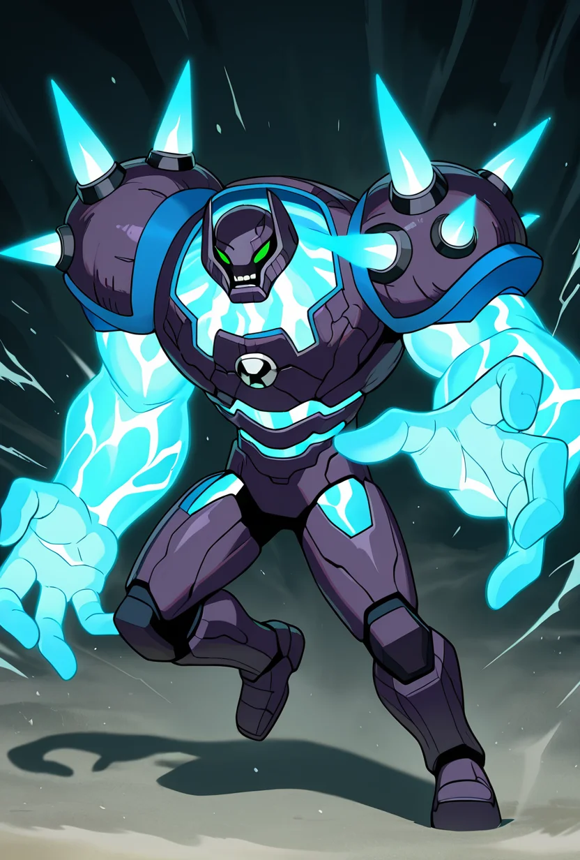 <lora:shockrock-09:1> shockrock, cyan glowing, solo, chest plate, blue shoulder spikes, 1boy, no humans, green eyes, full body, helmet, blue trim, massive arms, massive hands, cyan glowing arms, dynamic pose,, masterpiece, best quality, amazing quality, very aesthetic, absurdres, newest,