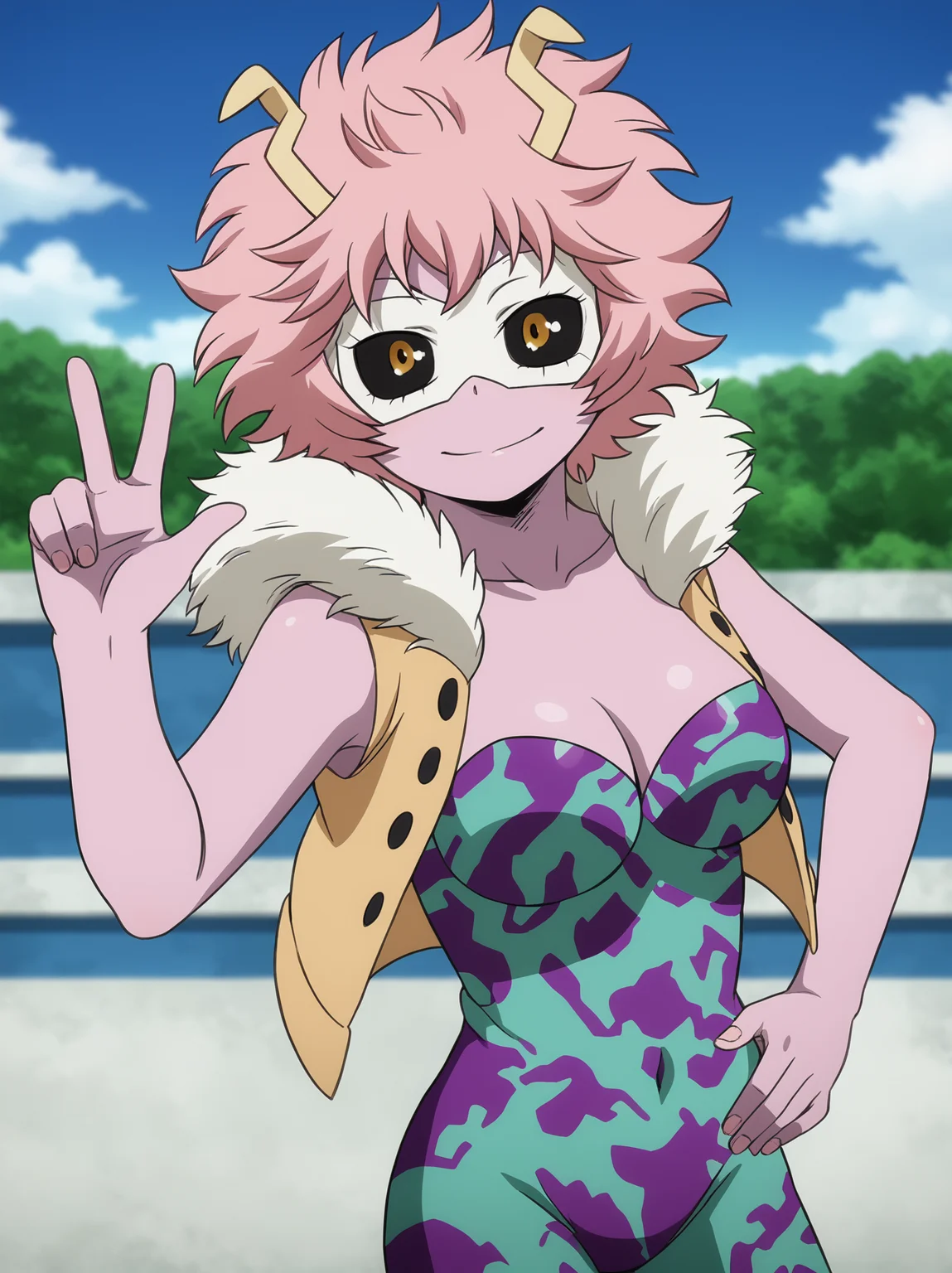 <lora:MinaAshidoPonyV2:1>, minaashido, 1girl, bodysuit, mask, looking at viewer