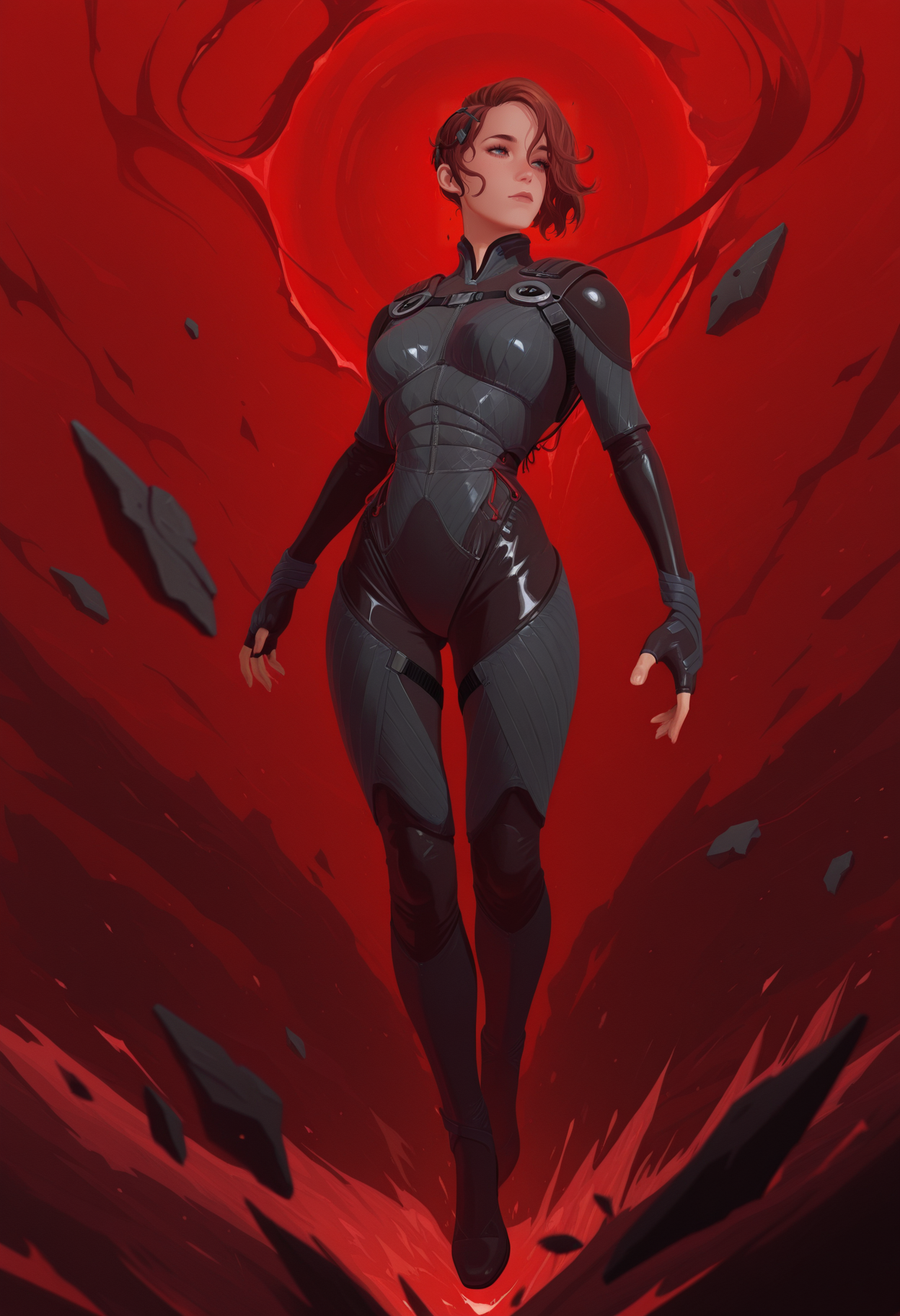 masterpiece, best quality, amazing quality,j3ss3, <lora:jesseFaden_illustrious_byJaneB:1>, 1girl, solo,
astraldivesuit, fingerless gloves, floating debris, floating, red background,  <lora:afkJourneyIllustrious2:1> afkJourneyStyle, narrow waist, breasts