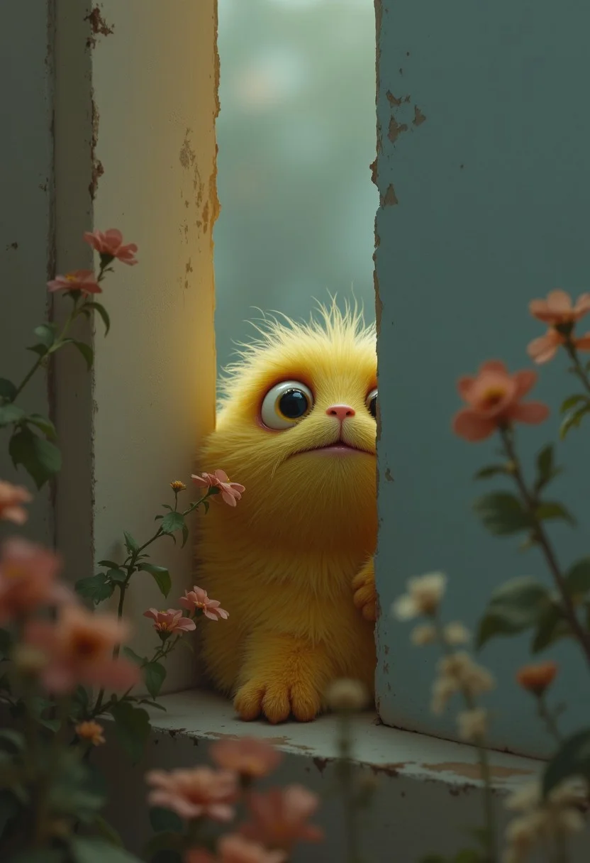 A whimsical creature peeks into the right side of a vertical canvas, its large, curious eyes staring directly into the frame as if observing the viewer. The frame itself appears to bend slightly, reacting to the creatureâs playful presence, creating the illusion that itâs part of the scene, Vibrant Glow
