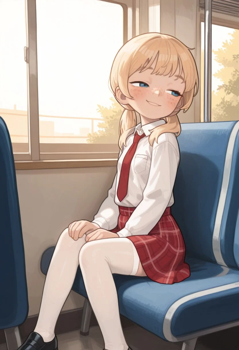 masterpiece, best quality, high resolution, possmach, absurdres, side view, 1girl, a girl is sitting on a bus, looking out the window, looks away, solo, beautiful face, detailed face, (1girl, freckles, school uniform, red tie, white shirt, plaid red skirt, white stockings, black shoes, blonde hair, pigtails, blue eyes, small breasts, flat chest), half-closed eyes, cute slight smile, playful expression, flirting, warm light