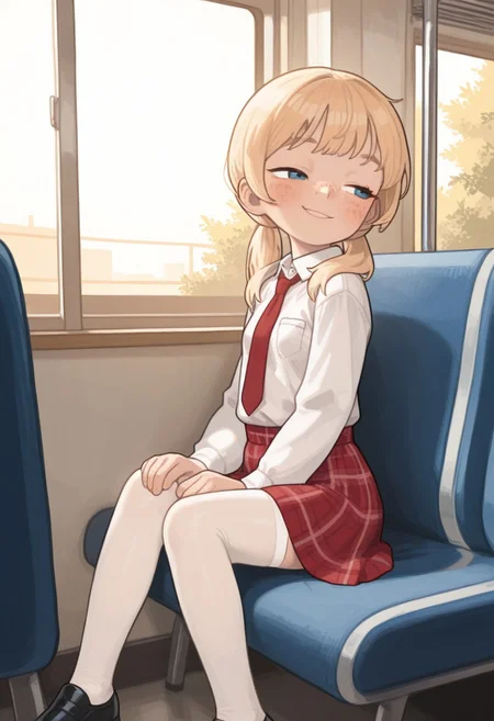 masterpiece, best quality, high resolution, possmach, absurdres, side view, 1girl, a girl is sitting on a bus, looking out the window, looks away, solo, beautiful face, detailed face, (1girl, freckles, school uniform, red tie, white shirt, plaid red skirt, white stockings, black shoes, blonde hair, pigtails, blue eyes, small breasts, flat chest), half-closed eyes, cute slight smile, playful expression, flirting, warm light