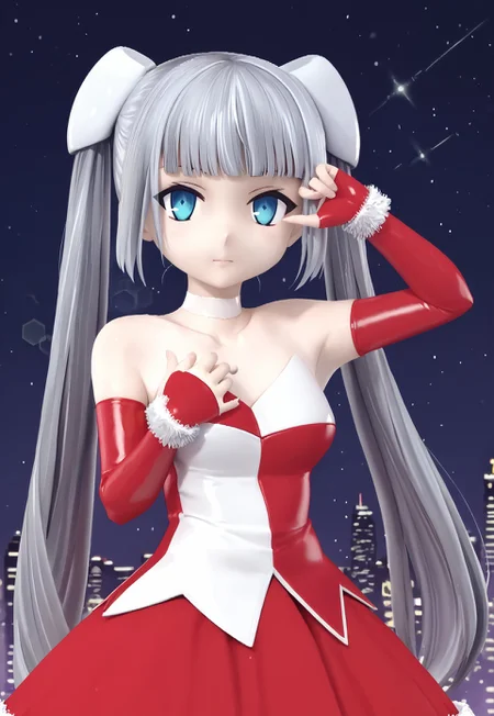 1girl, solo, solo focus, highres, absurdres, MMSanta, long hair, santa costume, bare shoulders, twintails, elbow gloves, blue eyes, blunt bangs, white choker, grey hair, strapless dress, hairpods, blunt bangs, fingerless gloves, red gloves, two-tone dress,

looking at viewer, closed mouth, hand up, 

cityscape, neon lights, dark, night, night sky, 

light particles, backlighting, shade, light rays, lens flare, shiny skin, fine fabric emphasis,