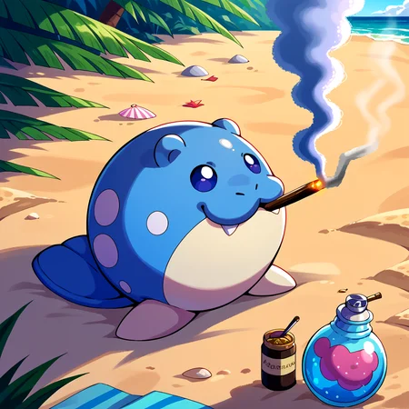 score_9, score_8_up, score_7_up, source_anime, BREAK, solo, looking at viewer, <lora:Stoned-pdxl_Fp:1>, stoned, colored sclera, smoking, <lora:Spheal-pdxl_Fp:1>, sphealpk, pokemon \(creature\), blue skin, beach,