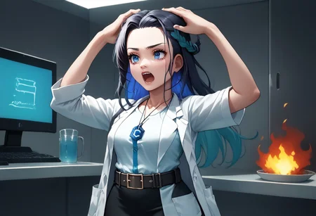 score_9, score_8_up, score_7_up, score_6_up, civitai-chan, 1girl, solo, braided bangs, labcoat, shirt, shirt tucked in, single vertical stripe, black skirt, pencil skirt, pantyhose, necklace, belt, standing, screaming, hands on head, ((server room)), computers, fire