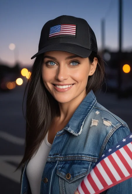 30yo woman holding an American flag.
Blue eyes. perfecteyes
Wearing Denim jacket trucker hat.
Long dark black slick back hair. No makeup. Dusk, Street light. Looking at camera POV. Smiling. Tilt head.
Medium Close Up shot. Bokeh. Bokeh light. semi Blurred background.