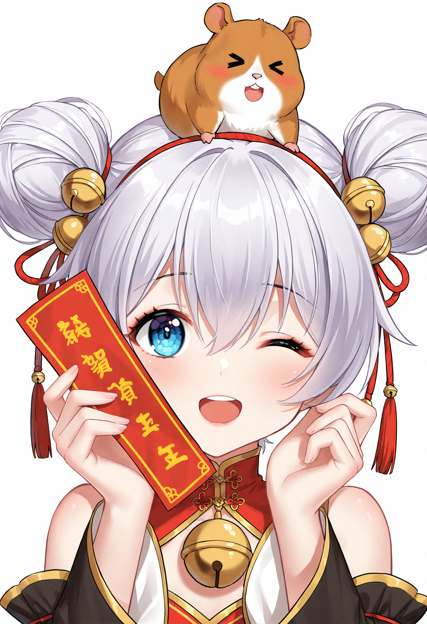 theresa apocalypse, 1girl, one eye closed, double bun, hair bun, smile, animal, open mouth, blue eyes, white background, chinese new year, holding, animal on shoulder, solo, bell, hamster, looking at viewer, holding animal, teeth, dress, simple background, on head, chinese clothes, jingle bell, ;d, bare shoulders, long sleeves, china dress, blush, hair between eyes, detached sleeves, upper teeth only, hands up, grey hair, animal on head, white hair, rope, >_<, sleeveless dress, chinese zodiac, black sleeves, round teeth, sleeveless, hair ornament, :d, short hair,
masterpiece,best quality,newest,absurdres,highres,very awa,<lora:haneru1_noob1.1-000195:0.8>,