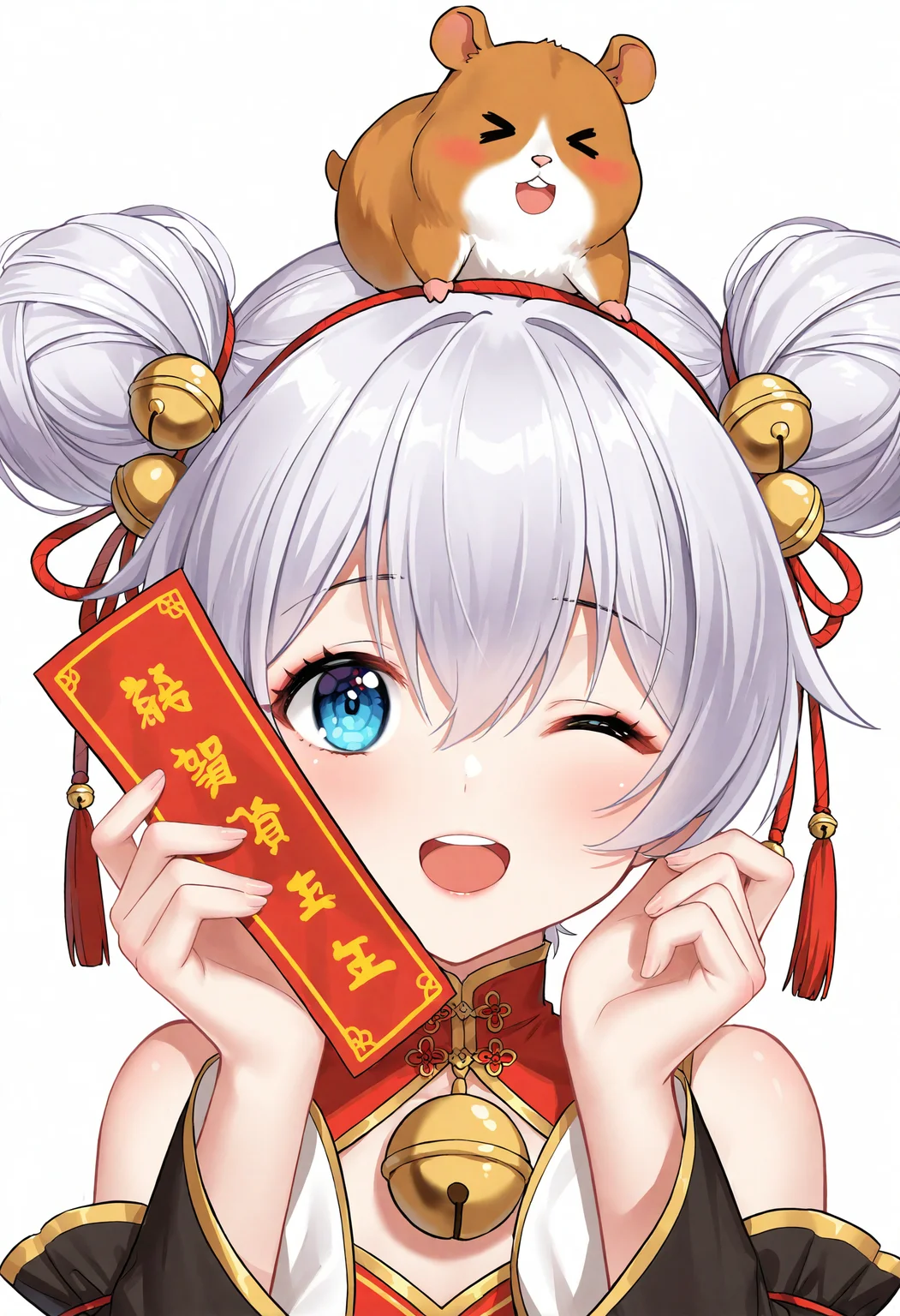 theresa apocalypse, 1girl, one eye closed, double bun, hair bun, smile, animal, open mouth, blue eyes, white background, chinese new year, holding, animal on shoulder, solo, bell, hamster, looking at viewer, holding animal, teeth, dress, simple background, on head, chinese clothes, jingle bell, ;d, bare shoulders, long sleeves, china dress, blush, hair between eyes, detached sleeves, upper teeth only, hands up, grey hair, animal on head, white hair, rope, >_<, sleeveless dress, chinese zodiac, black sleeves, round teeth, sleeveless, hair ornament, :d, short hair,
masterpiece,best quality,newest,absurdres,highres,very awa,<lora:haneru1_noob1.1-000195:0.8>,