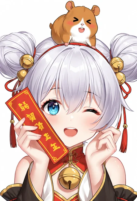theresa apocalypse, 1girl, one eye closed, double bun, hair bun, smile, animal, open mouth, blue eyes, white background, chinese new year, holding, animal on shoulder, solo, bell, hamster, looking at viewer, holding animal, teeth, dress, simple background, on head, chinese clothes, jingle bell, ;d, bare shoulders, long sleeves, china dress, blush, hair between eyes, detached sleeves, upper teeth only, hands up, grey hair, animal on head, white hair, rope, >_<, sleeveless dress, chinese zodiac, black sleeves, round teeth, sleeveless, hair ornament, :d, short hair,
masterpiece,best quality,newest,absurdres,highres,very awa,<lora:haneru1_noob1.1-000195:0.8>,