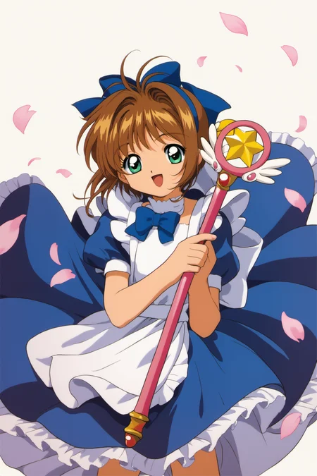1girl,kinomoto sakura,dress,1990s (style),blue dress,retro artstyle,puffy sleeves,green eyes,open mouth,solo,bow,holding,short sleeves,puffy short sleeves,brown hair,petals,fuuin no tsue,smile,short hair,apron,looking at viewer,frills,:d,blue bow,antenna hair,hair bow,white background,bangs,white bow,hairband,petticoat,frilled dress,white apron,simple background,magical girl,wand,frilled apron,cowboy shot,blue hairband,female child,holding wand,score_9,score_8_up,<lora:Card Captor Sakura Anime_XL_PONY:0.9>,