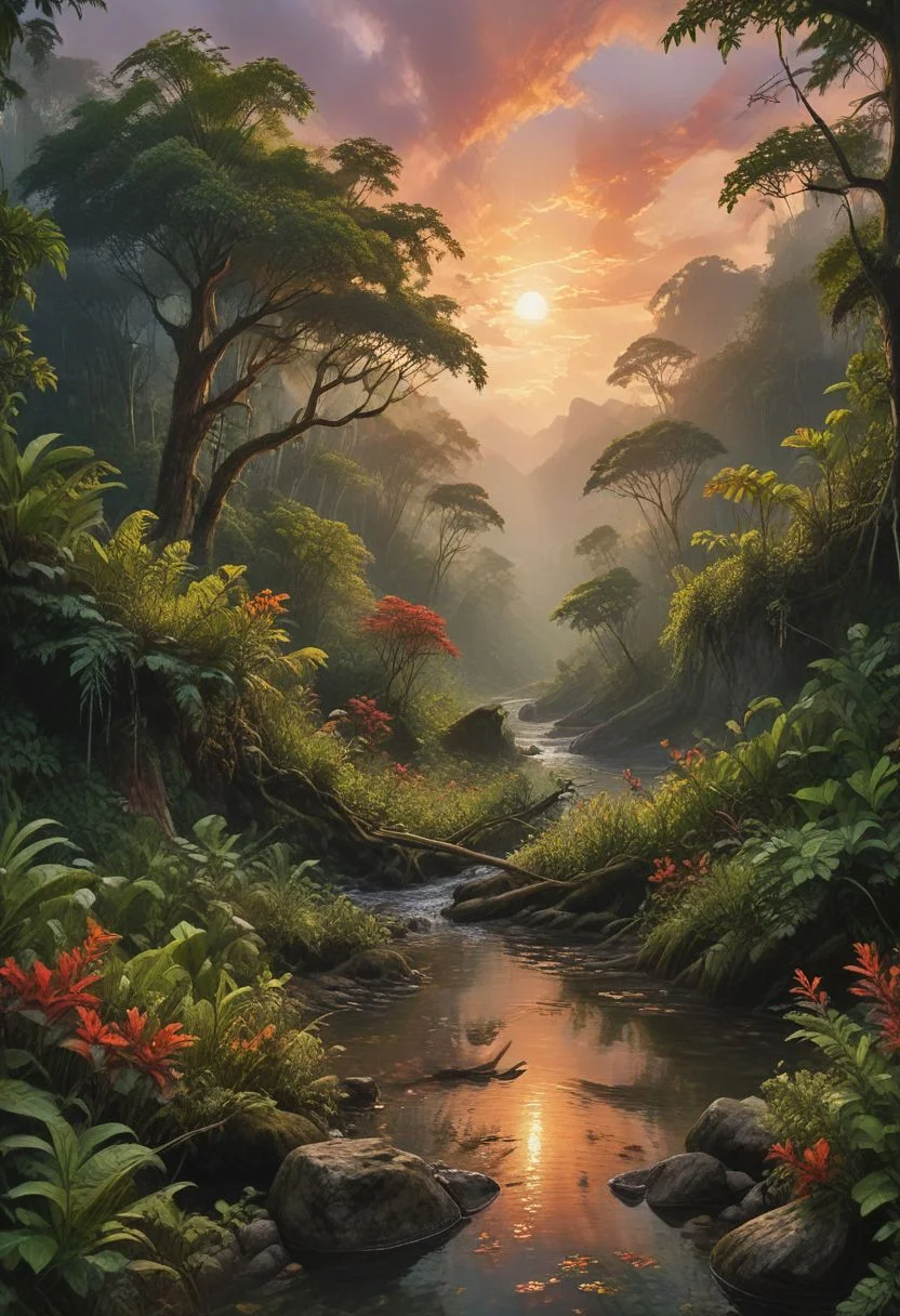 A stunning vista of a lush, untouched tropical rainforest, bathed in the warm, golden light of the setting sun. The sky above is a vivid mix of crimson, orange, and yellow hues, with a few wispy clouds dotting the horizon. In the foreground, a towering tree, adorned with vibrant green leaves and a canopy of delicate, intricate branches, stands tall, its trunk disappearing into the dense undergrowth. A small stream, glistening with reflected light, meanders through the frame, its crystal-clear water cascading over smooth rocks and creating a soothing soundtrack for the scene. Directly behind the tree, the forest gives way to a picturesque river, its glassy surface reflecting the vibrant colors of the sky and the surrounding vegetation. In the distance, a hazy mountain range rises up from the horizon, its peaks shrouded in wispy clouds, their jagged outlines contrasting beautifully with the serene, idyllic landscape before them. This award-winning nature photograph perfectly captures the breathtaking beauty and fragile balance of life in a tropical rainforest ecosystem.
