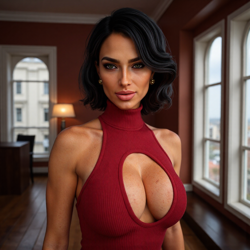 Hyper-detailed close-up shot of a confident, stylish woman, standing indoors in a modern, elegantly lit office space. Her curly dark hair is cascading over her shoulders, exuding sophistication and poise. Her look exudes a captivating charm with a seductive smirk reminiscent of a famous adult actress. Her sexy attire is bold and chic: she wears a form-fitting, sleeveless, carmine red ribbed turtleneck top that accentuates her figure and is high on the neck. The top features a large frontal cut-out that reveals significant cleavage. She accessorizes with small gold earrings. The background features a cozy yet modern office space with soft lighting from a table lamp, and large windows with arched frames, allowing natural light to filter in, reflecting the warm tones of the setting, creating a harmonious and upscale atmosphere. Extremely detailed. Details in the skin tone such as freckles and moles are included, but not distracting. High definition. Professional photography. flmft photo style. Focus on face, expression and bust.
