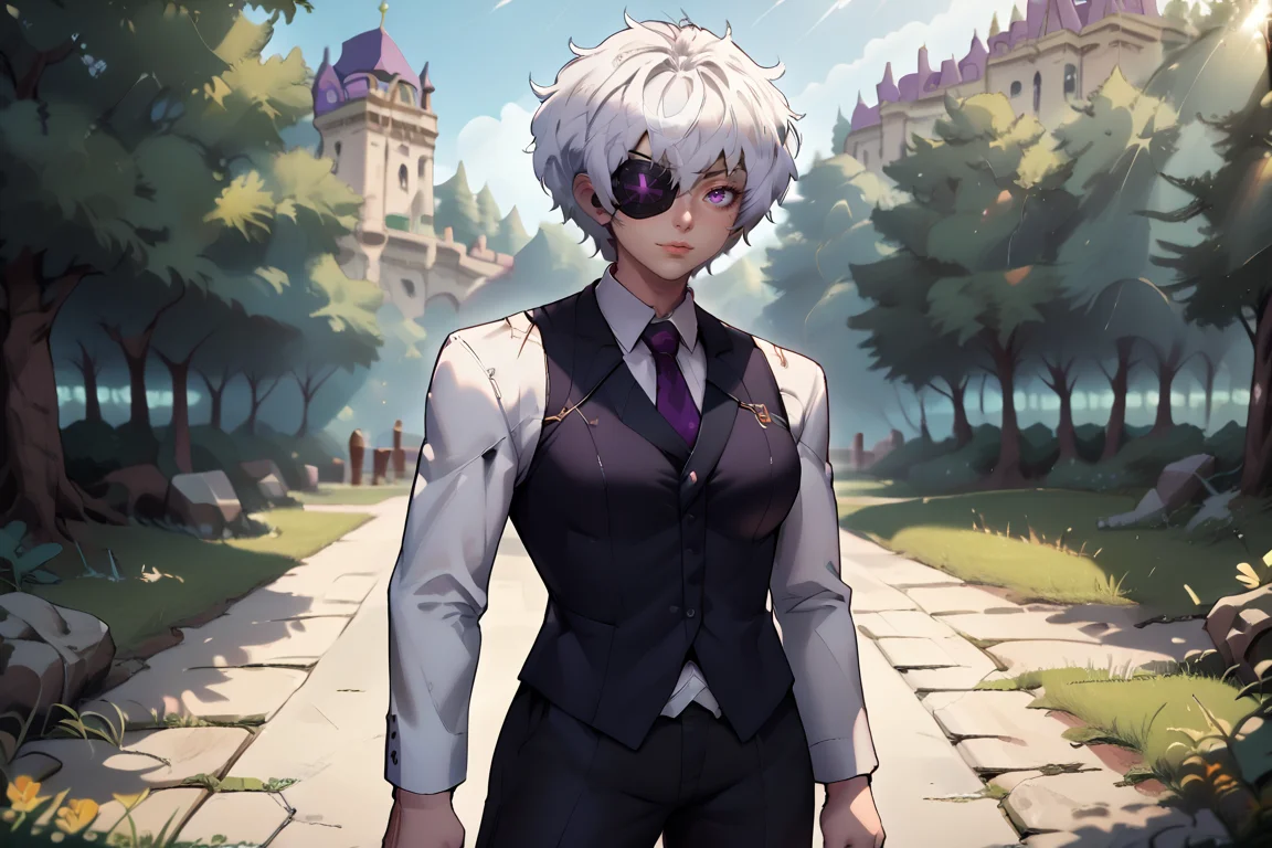 (score_9, score_8_up, score_7_up, score_6_up), source anime, BREAK, expressive eyes,  (masterpiece), 1girl, <lora:Ryuseiponyxl:0.8> , white hair, short hair, purple eyes, eyepatch, <lora:Mafia_Outfit:0.6> , mafi4, necktie, suit, white shirt, black vest, black pants, coat, large breasts,  smile, smug, looking at viewer, background, clutter, rich, elaborate, immersive, elegant, palace, exterior, forest, mountains, trees, nature,  <lora:zy_Detailed_Backgrounds_v1:0.5> , detailed background, highly detailed,  <lora:Makis_Scars:0.4> , M4kisc4rs, scars, solo,