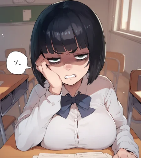 1girl, pov, desk, sitting, clenched teeth, shaded face, classroom, pov, very annoyed, looking at viewer, black hair, bob cut, blunt bangs, bags under eyes, upper body, school uniform, large breasts, resting head on hand,
BREAK
score_9, score_8_up, score_7_up, score_6_up, source_anime <lora:TER_Pony_1.1-000020:0.8>