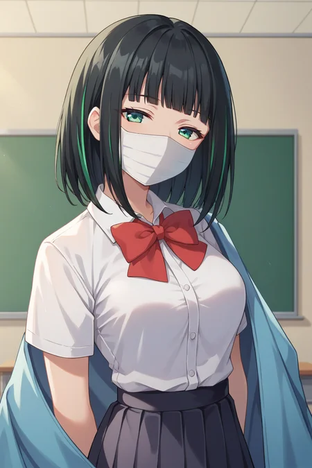 score_9, score_8_up, score_7_up, source_anime, 1girl, prefect lighting, very aesthetic, intricate details, highly detailed background, masterpiece, high quality, prefect hands, best quality, solo,
<lora:Hass_SSSS.Gridman_V1:.85>, KJOHass, black hair, streaked hair, blunt bangs, green eyes, medium hair, mouth mask, half closed eyes,
school uniform, red bow, shirt tucked in, pleated black skirt, blue blanket,
arms behind back, head tilt, looking at viewer,
classroom,
(Beautiful, medium Breasts:1.2), natural breasts,