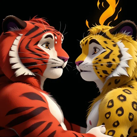 score_9, score_8_up, score_7_up, text by zBodiRD,
leoandtig, crossover, tiger, white background, leo, leopard, yellow fluffy leopard, the leopard's fur is short, soft and thick, bright yellow with small black dots, The tiger's body also seems full because of its thick fur. The body is large, strong, powerful and dense. The paws are heavy, strong, wide and powerful - well adapted for fighting, The fur is fluffy, long, thick, soft and warm, fiery orange, almost red in color, There are thin black stripes all over the body (they are missing only between the eyes),
dutch angle, high quality, hires, anthro, detailed background, detailed eyes, emotional, easy negative, teeth, blurry background, furry, pectorals, furry_male, furry, (Beautiful colors), (colorful), bright colors, (highlighted),
different sizes of characters, they hold hands, balls, Split Lighting style