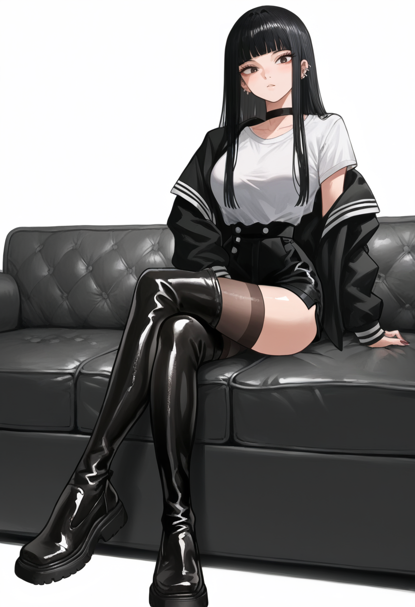 score_9,score_8_up,score_7_up,score_6_up,score_5_up,<lora:JohnKafkaXLP:1>,john kafka,full body,curvy,colourful,simple background,white background BREAK 1girl,solo,sitting,on couch,crossed legs,letterman jacket,open jacket,t-shirt,black choker,short shorts,looking at viewer,doyagao,narrow waist,black pantyhose,panthose under boots BREAK <lora:SUGARCUBEâ¡:0.7>,5ugarcu8e,thigh boots,square toe,black footwear,shiny footwear,pvc BREAK black hair,long straight hair,side blunt bangs,hime cut,