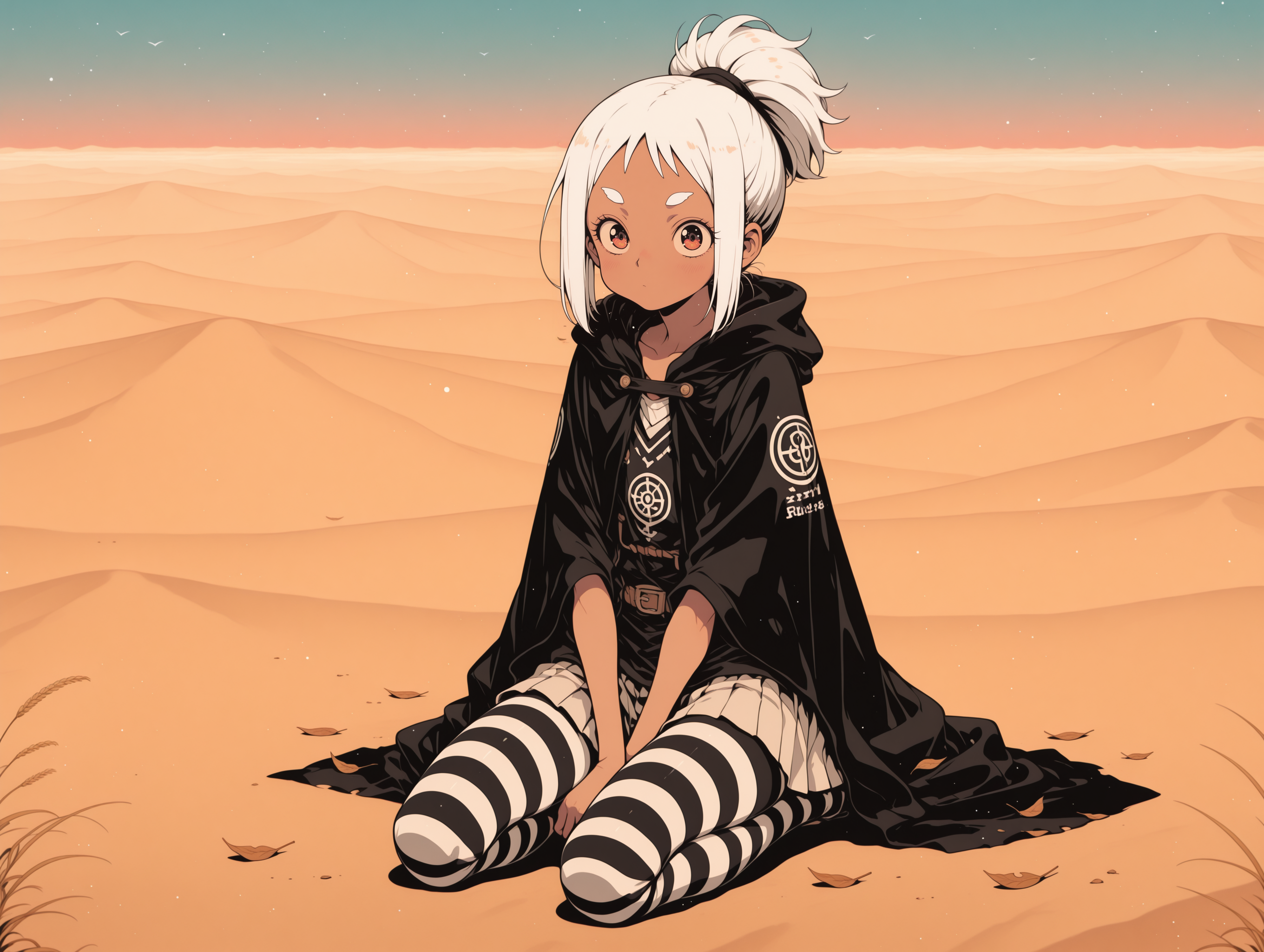 masterpiece,best quality,amazing quality, solo, character focus, outlines, flat color, Vintage, 1990s \(style\), light particles, vibrant, high contrast, Terada Katsuya, 
harsh shadows,     vibrant Black hues, spot colors,  monochrome, spot color,  desert, sand, dunes,  
1girl, bubble ponytail,  pastel White hair,    young, thin, curvy, petite,    striped tights, short hair,         solo, 
arms flung wide,  
 shoulder cloak,       thick eyebrows,  thick eyelashes,  
 skirt,   wizardâs vest,   
sfw,  
exterior, wheat field, falling leaves, twilight sky, 
hot spring area, shadow of a bird overhead, 
<lora:add-detail-xl:2> <lora:Detailer_NoobAI_Incrs_v1:1> <lora:feet_anime_il_v3:1> <lora:hand 5.5:1> <lora:anime_screencap-Illustrious:0.4> <lora:S4bit4mago:1> S4bit4mago_illu, <lora:OldAnimeStyle_XL_v3:0.2> <lora:re4lity:0.3> re4lity_sync_illu <lora:MJPA:0.2> MJPA <lora:NijijourneyNoob_byKonan:0.6> <lora:Clean_Chibi_Style:-0.8>