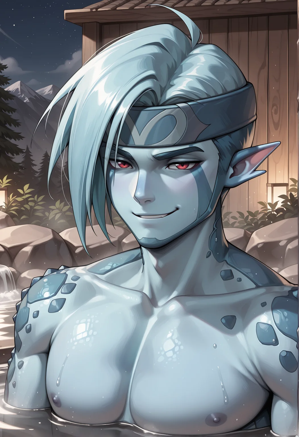 masterpiece, best quality, ultra-detailed, high resolution, absurdres BREAK SaturousGS, hotsprings, outdoors, 1boy, solo, dragon boy, blue hair, red eyes, light blue skin, facial markings, pointy ears, smirk, scales, upper body, close-up, relaxing <lora:Saturous_Golden_Sun:1> <lora:NOOB_vp1_detailer_by_volnovik_v1:1>