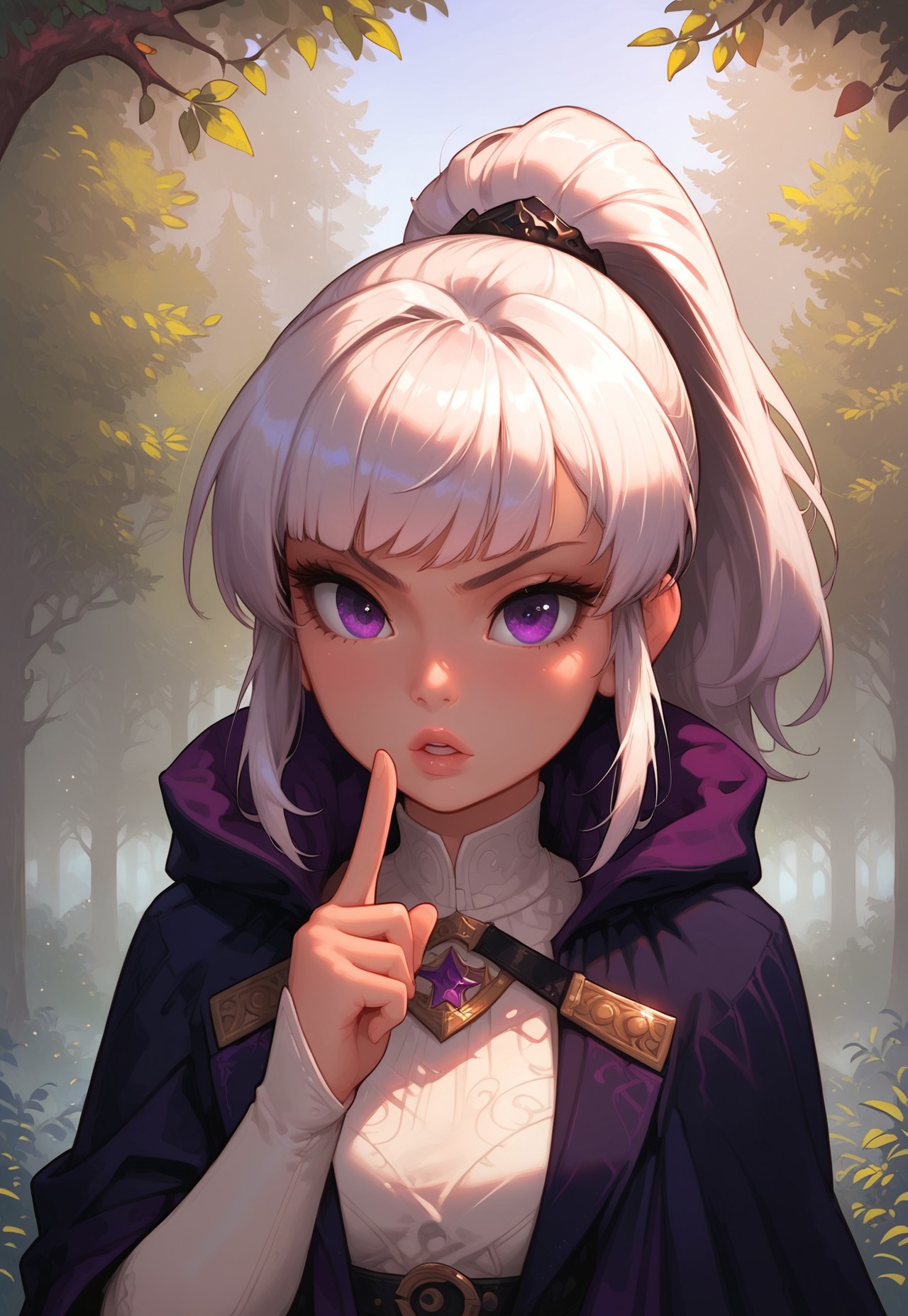 high detail, Smooth, sharp lines, score_9_up, score_8_up, detailed, masterpiece, super cute style, 1girl, solo, forest, outdoors, white robes, white hair, ponytail, purple eyes, black belt, bangs, serious, (index finger on lips, parted lips, mouth slightly open), front view, upper body, short purple cloak