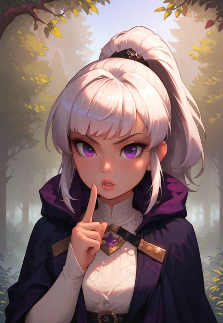 high detail, Smooth, sharp lines, score_9_up, score_8_up, detailed, masterpiece, super cute style, 1girl, solo, forest, outdoors, white robes, white hair, ponytail, purple eyes, black belt, bangs, serious, (index finger on lips, parted lips, mouth slightly open), front view, upper body, short purple cloak