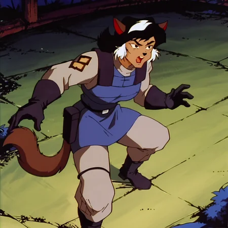 score_9, score_8_up, score_7_up, score_6_up, score_5_up, score_4_up, BREAK, <lora:Felina_Feral:1>, felinaferal, solo, open mouth, gloves, animal ears, tail, white hair, multicolored hair, boots, dark skin, retro artstyle, two-tone hair, brown fur, body fur, cat girl, cat ears, black hair, furry female, 1girl,