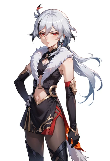 score_9, score_8_up, source_anime, HuahOnyx, red eyes, white hair, black streak, long hair, low ponytail, hair ornament, black dress, sleeveless, fur scarf, navel cutout, mismatched gloves, elbow gloves, black pantyhose, black thigh boots, hands on hips, smirk, simple background, white background, <lora:ChamFuHuaPonyXL:1>