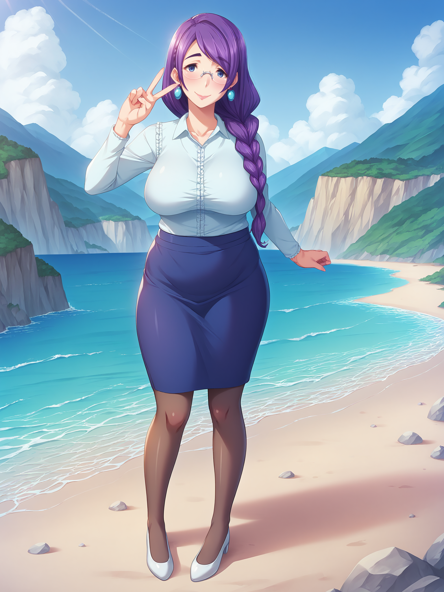 score_9, score_8_up, score_7_up, detailed, intricate, vivid, sidelighting, 
Inoue Aoi, a girl is standing, showing V sign, full body,
1girl, mature female, solo,
looking at viewer, blush, smile,
purple hair, long hair, single braid, blue eyes, glasses, earrings, shoes,
white shirt, blue shirt, blue skirt, pantyhose, long sleeves,
curvy, large breasts, thighs, 
outdoors, jungles, island, ocean,
 <lora:Inoue Aoi3216_PDXL:1>