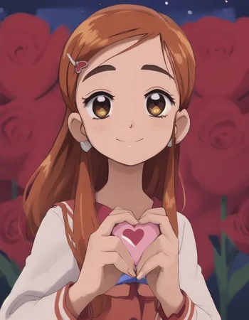 score_9_up, score_9, score_8_up, score_7_up, rating_explicit, bokeh, flat colors, lineless, vector art, vector graphics, z0nkp4nch, cute, 1girl, alone, solo, portrait, narrowed eye, big smile, pov, handing out heart, holding heart, flower field, roses, starry night, Honoka Kosaka, Love Live! School Idol Project, Orange hair, Shoulder-length hair, Side ponytail with orange ribbon, Amber eyes, Fair skin, Energetic appearance, School uniform attire, Orange-themed accessories, Slightly messy hairstyle, Noticeable ahoge, honoka