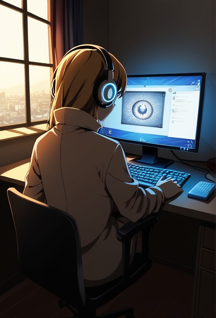 (1girl, solo, , , c0mp, sitting, indoors, chair, computer, monitor, headphones, desk, from behind, keyboard (computer),, Gotoh_Hitori, p1ckl3:1.3), telescopic ophanim, tarot card, An ink drawing, masterpiece, best quality, high res, illustration, extremely detailed, 8k, wallpaper,zPDXL3,SimplePositiveXLv2, detail1eye