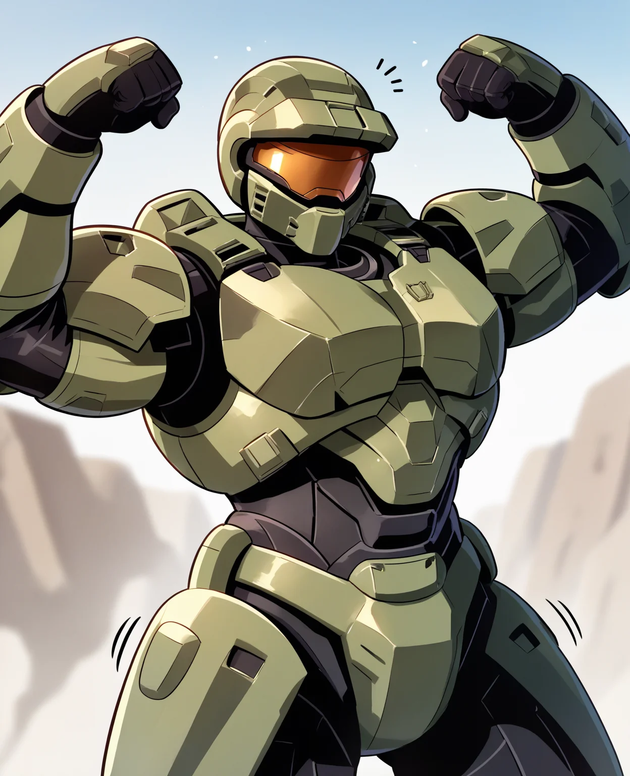 score_9, score_8_up, score_7_up, score_6_up, score_5_up, score_4_up, source_anime, bnp, boxg, spartan \(halo\), male, 1boy, master chief, solo, helmet, faceless, armor, gloves, power armor, science fiction, crotch plate, breastplate, large breasts, simple background, outside, battlefield, war, battle, fight, flexing, flexing bicep, green armor, standing, looking at viewer, three-quarter portrait, motion lines, emanata,
<lora:spartan_pdxl:1>