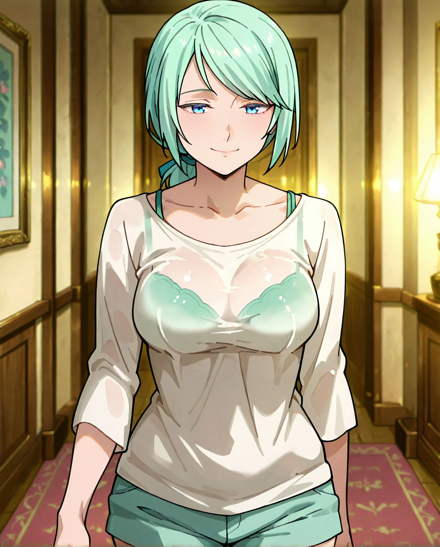 masterpiece best quality newest absurdres highres detailed eyes beautiful detailed background perfect eyes anime coloring anime screencap<lora:add-detail-xl:0.5>,
<lora:sheer_clothing:0.9>,sheer_clothingV1,
1girl,breasts,shorts,smile,dress, 
sheer clothing with visible bra,
see-through clothes, 
BREAK
<lora:TenSura_Myulan_IlluXL:0.9>, 1girl, solo, closed mouth, light smile, low ponytail, swept bangs, green hair, blue eyes,
mature female, 20YO,