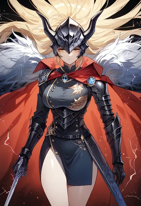score_9, score_8_up, score_7_up, score_6_up, RAW, 8k, source_real, source_anime, cowboy shot, mlbszw, eldringpxl, elden ring, blue eyes, 1girl, solo, alternate costume, electricity, red lightning, dragon lord, dragon knight, full armor, plate armor, black armor, gold trim, breastplate, shoulder armor, pauldrons, armored boots, cuisses, gauntlets, holding sword, straight sword, crossguard, long hair, breasts, looking at viewer, blonde hair, very long hair, large breasts, military uniform, black cape, red cape, fur-trimmed cape, dragonlord placidusax, Expressiveh, azur lane, detail1eye,